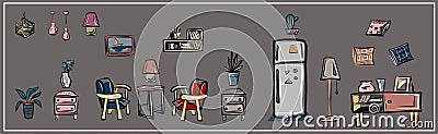 Painting with a set of isolated images of furniture and household items on a white background. Refrigerator, lamps, chandeliers, f Vector Illustration